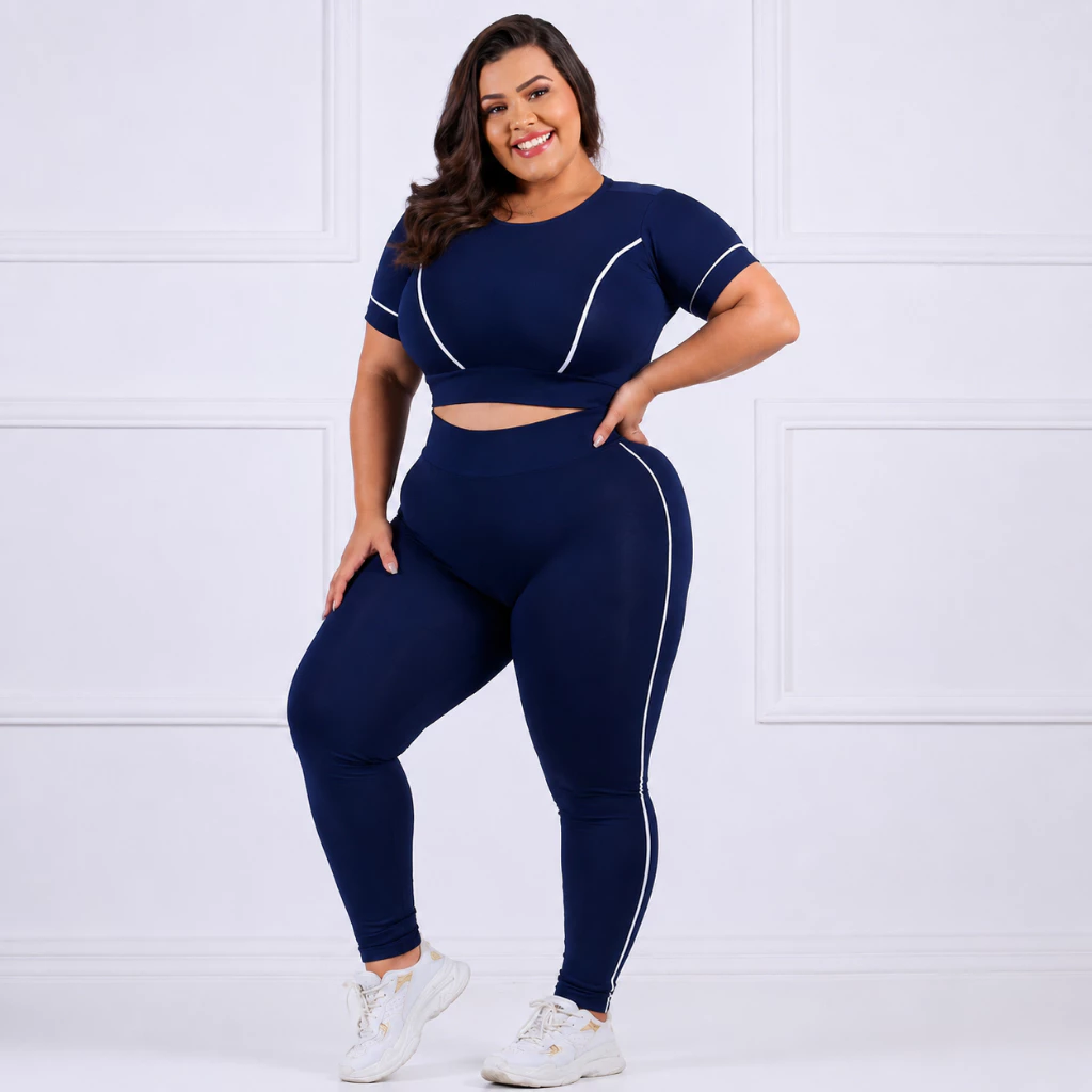 Conjunto Fitness Plus Size GG XGG EXGG Feminino Calça Legging Cós Alto + Top manga Academia inverno