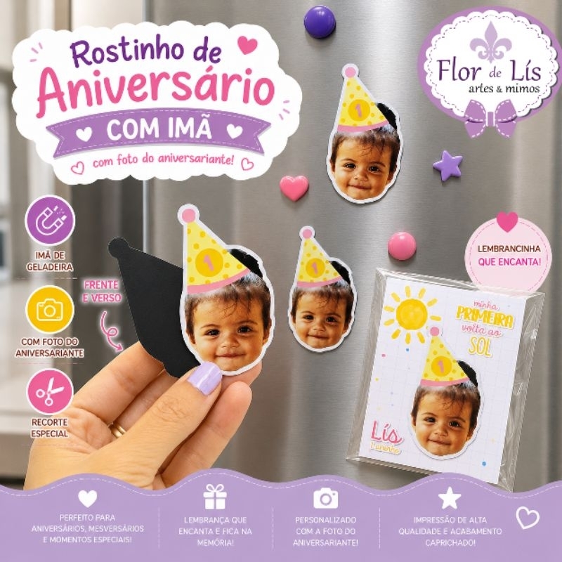 Lembrancinha Imã de Geladeira Personalizado Volta ao Sol Menina Rostinho Aniversário Infantil
