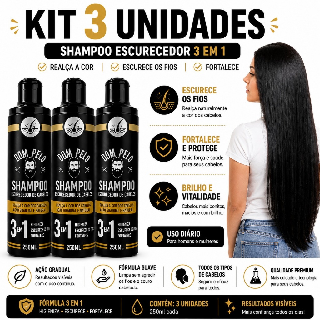 Kit 3 Shampoo Escurecedores Dom Pelo 250ml Reduz Fios Brancos -Dom Pelo Original