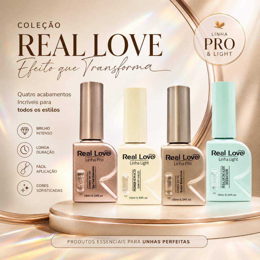 Kit 4 Preparadores Blindagem Real Love 10ml Unha em Gel Esmalte Top Coat PH Nail Designer Cores
