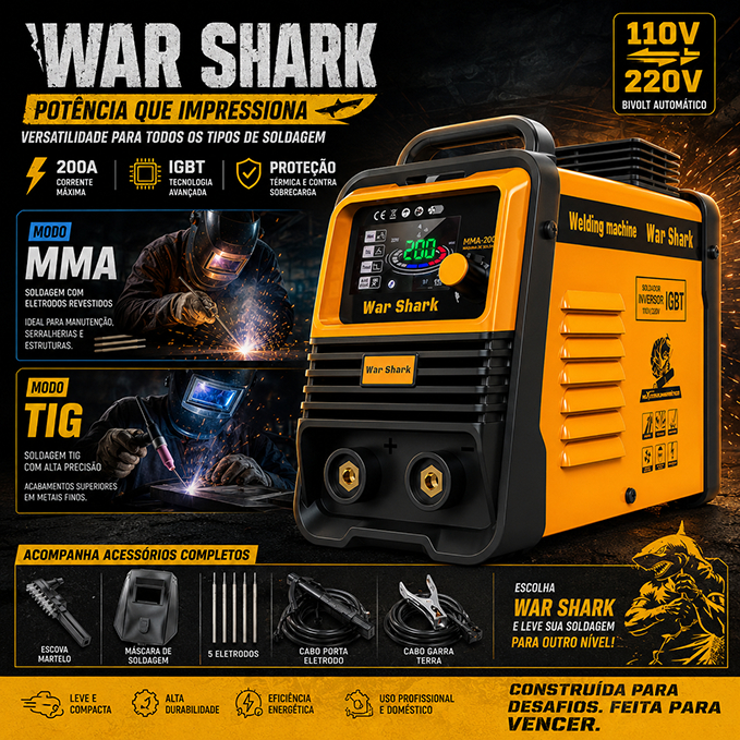 Máquina de Solda Profissional  IGBT Portátil MMA+TIG 200A 110V-220V  WAR SHARK