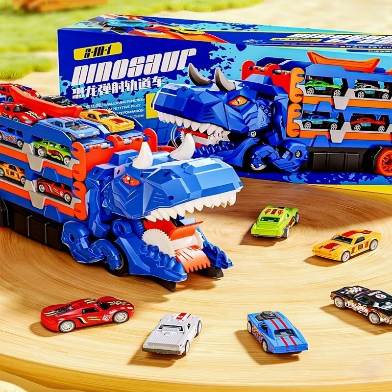 Carro Dinossauro 4 em 1 com Pista  Caminhão Grande Lançador Engole-Carros com 6 Carrinhos de Liga Brinquedo Infantil