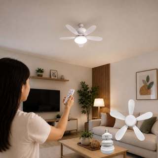 Ventilador de Teto E27 com LED Integrado 5 Pás Controle 3 Velocidades 3 Tons de Luz Ajustável Bivolt 85-265V
