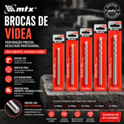 Broca de Vídea 6, 8, 10 e 12mm P/ Parede e Concreto Encaixe para Furadeira - MTX
