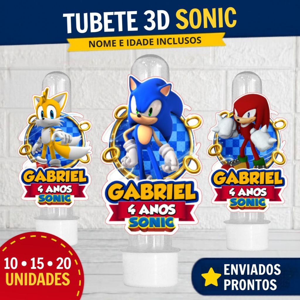 Kit Tubete 3D Sonic Personalizado | Lembrancinha Festa Infantil Aniversário | A Partir de 10 unidade