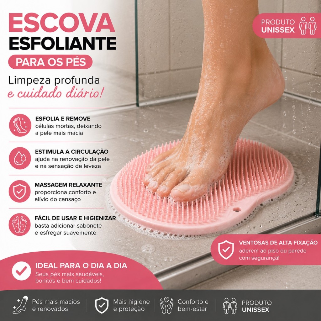 Escova Silicone Massageadora Esfoliante  Pes Costas Limpeza Hidratacao Banheiro Antiderrapante Unissex