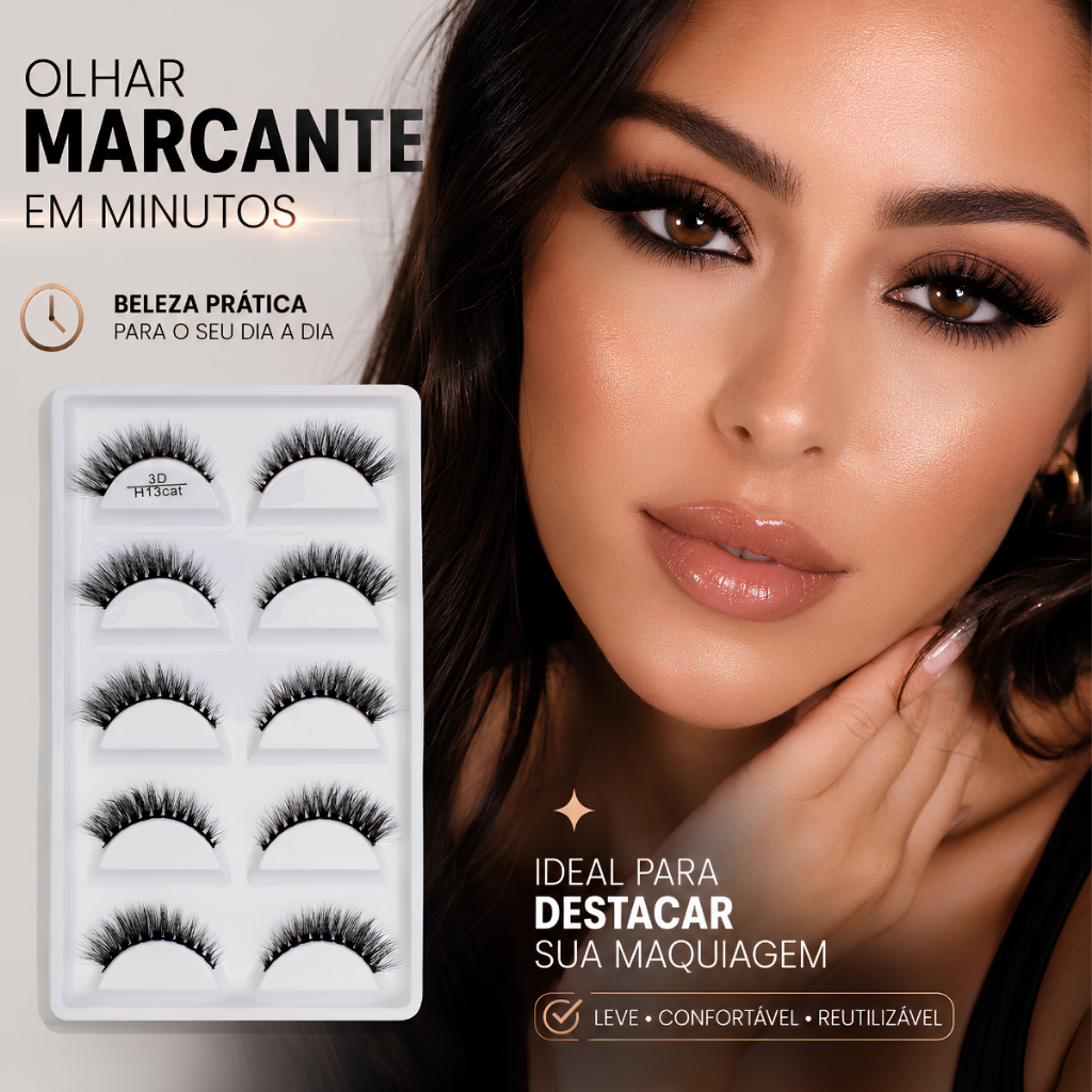 Kit 5 Cartela Com 5 Pares Cilios Postiços Naturais Modelo H13 Cat Natural