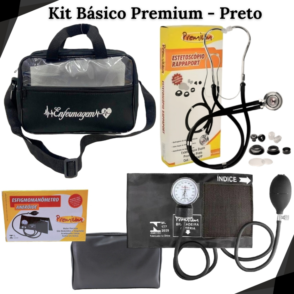 Kit de Enfermagem Básico com Aparelho de Pressão, Esteto Adulto e Infantil e Bolsa Tradicional com Transparência