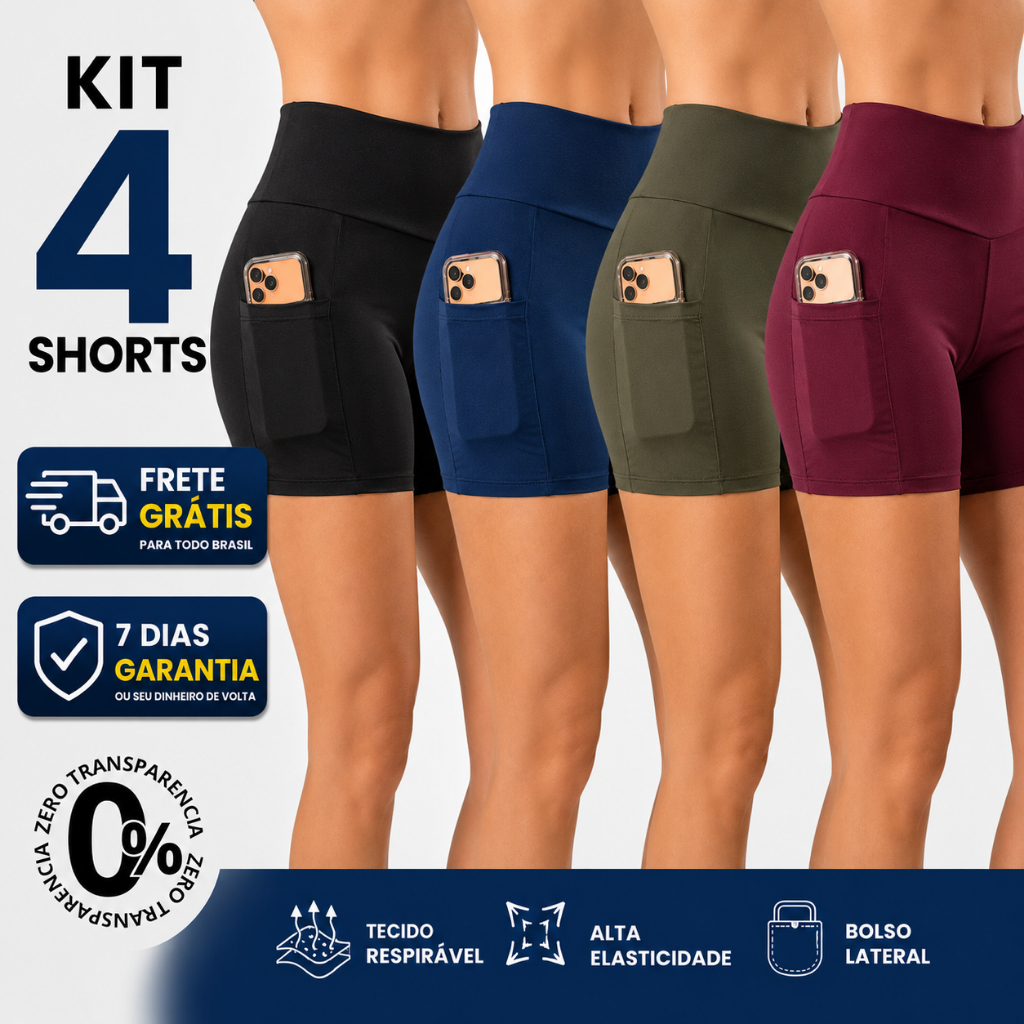4 Short de Academia Feminino Cintura Alta com Bolso Suplex Premium