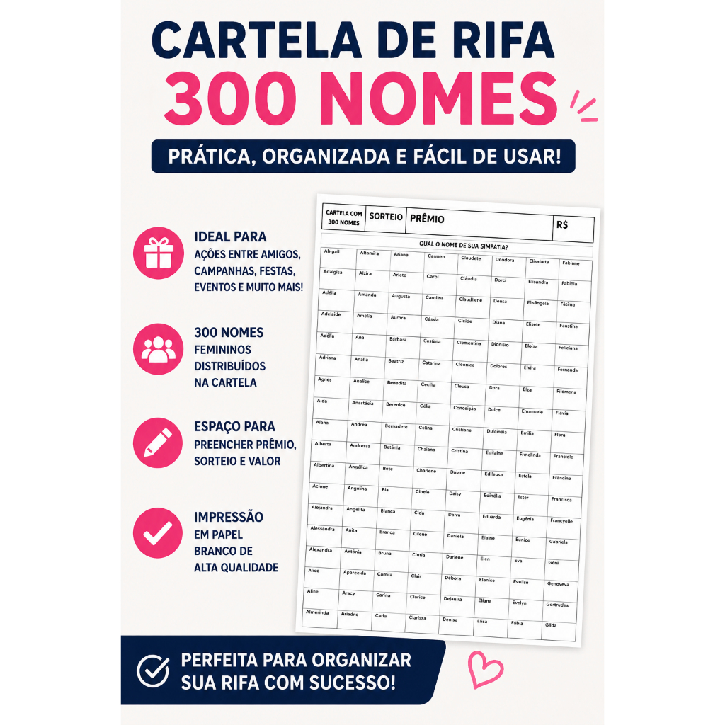 Cartela de Rifa 300 Nomes Impressa | Sorteio Beneficente Festa Evento
