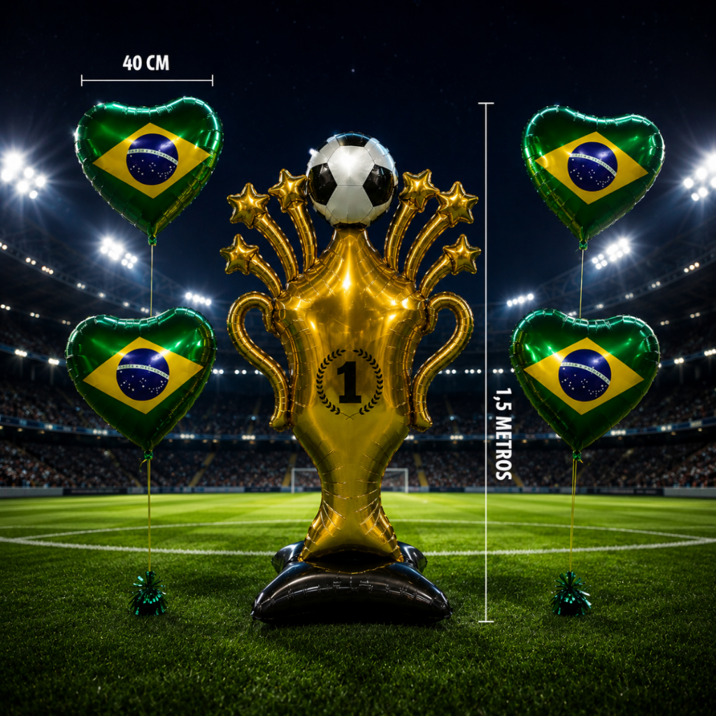 Kit Balão TAÇA MEGA GRANDE 1.5 METROS dourado + 4 Balões Seleção Brasileira Copa do Mundo