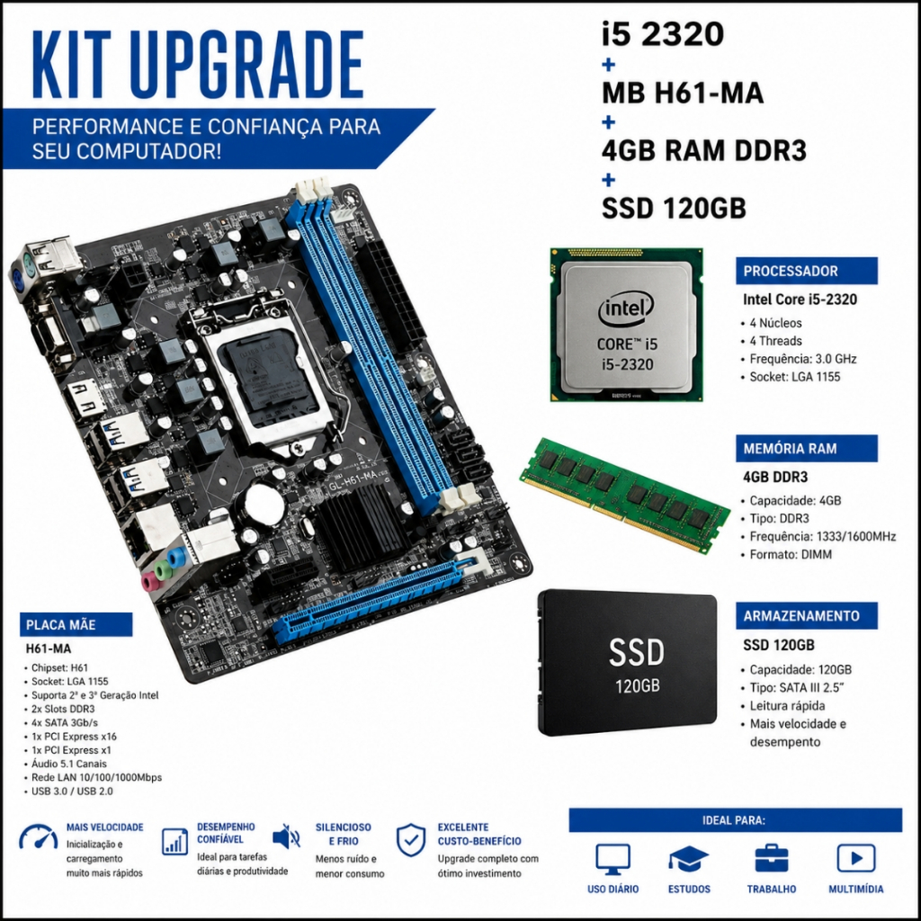 Kit Upgrade - i5 2320 + MB H61-MA + 4GB RAM DDR3 + Ssd 120GB