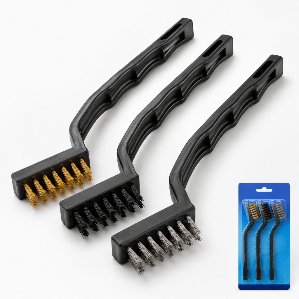 Escovas de Aço Multiuso Kit 3 Pcs Aço Latão Nylon Cabo Plástico Escovinha Limpeza Pesada Cozinha Pia