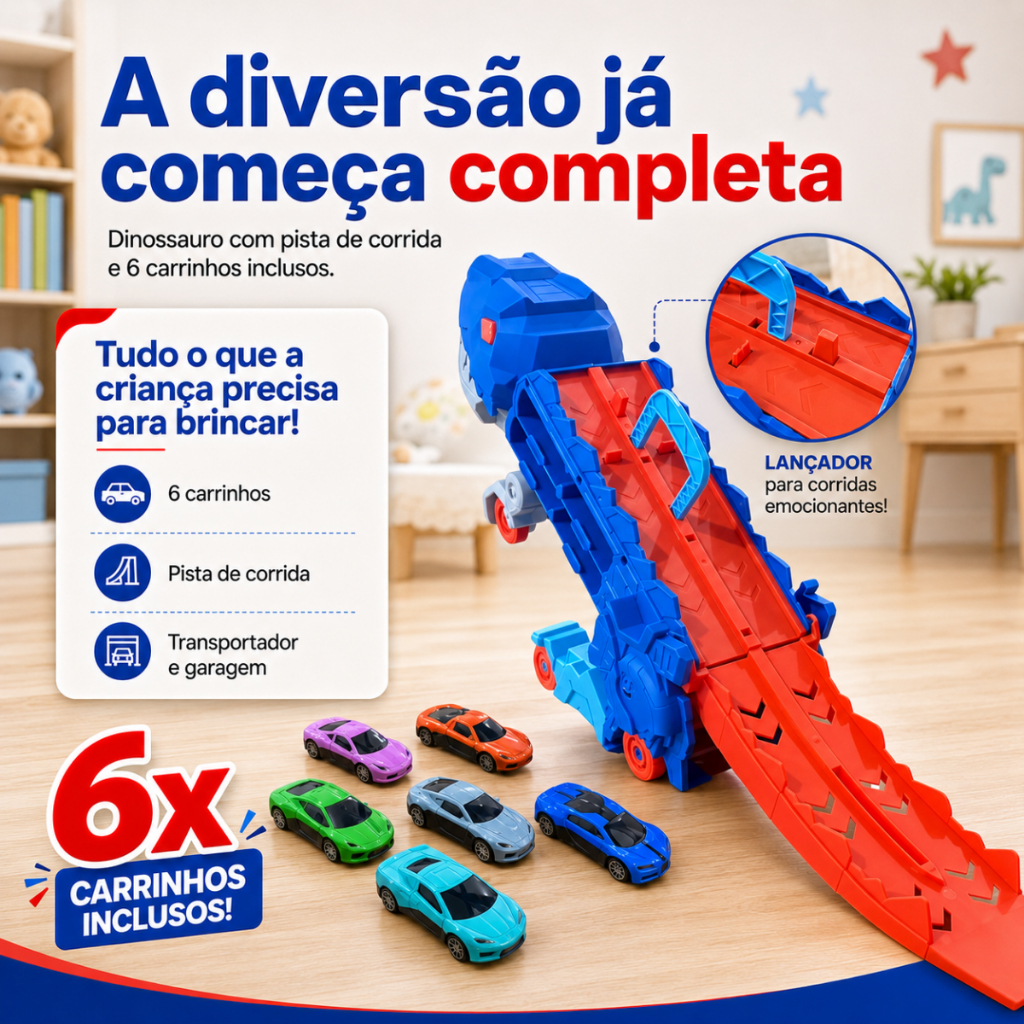 Caminhão Dinossauro Pista com 6 Carrinhos 2 em 1 Lançador Engole Carros Brinquedo Infantil