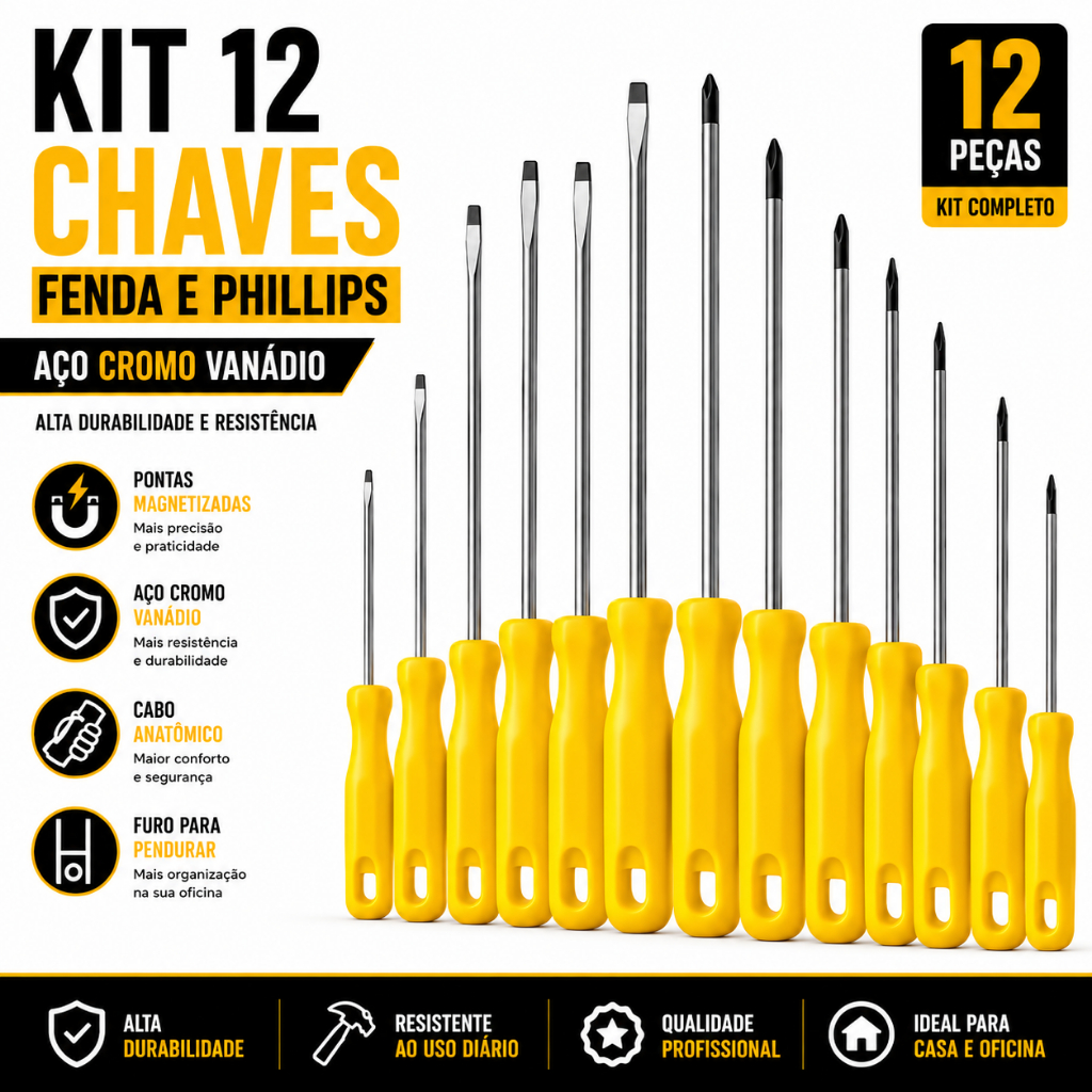 Jogo Conjunto 12 Chave Fenda e Philips Aço Imantada Profissional CROMO VANADIUM Magnética Envio Imediato