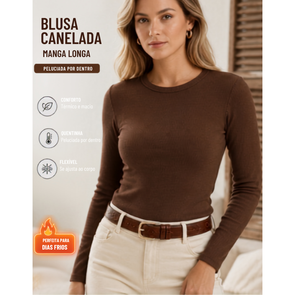 Blusa de Frio Feminina Manga Longa Gola Redonda Segunda Pele Básica Slim Canelada Flanelada  Inverno
