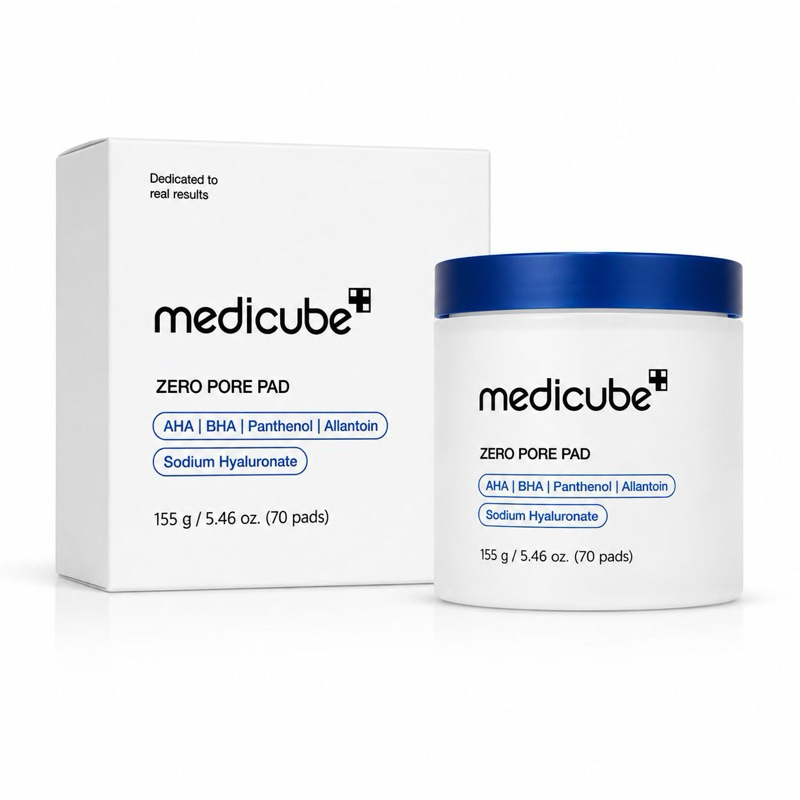 Embalagem do Tônico Medicube Zero Pore Pad 2.0 contendo um pote de 70 pads e sua caixa branca original