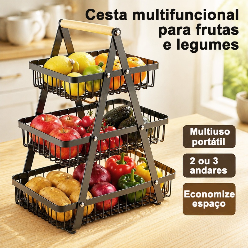 Fruteira de Mesa ou Cesto Multiuso Organizador Portátil de Metal, 2 ou 3 Andares, Ideal para Casa, Cozinha e Escritório