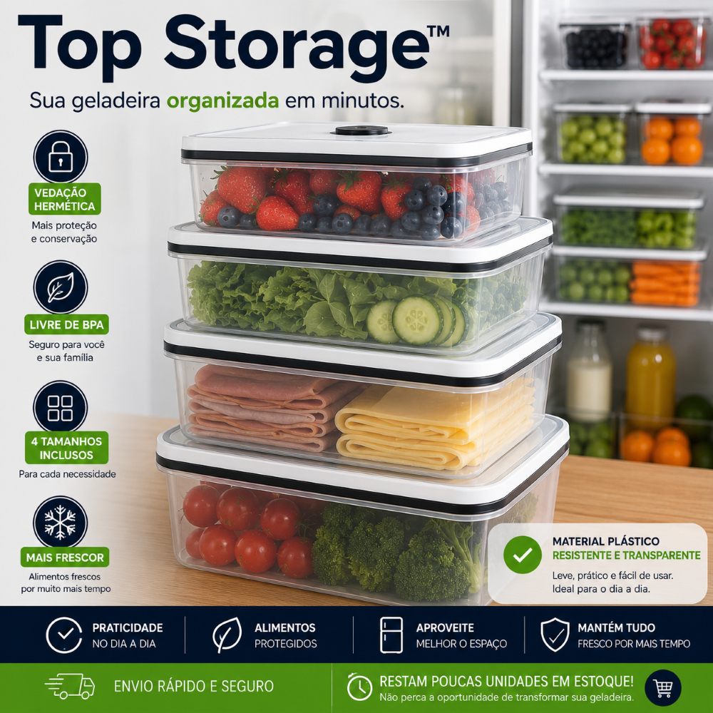 Kit 4 Potes Herméticos para Geladeira Organizador de Alimentos Tampa Vedação BPA Free Frutas Legumes Frios Top Storage™