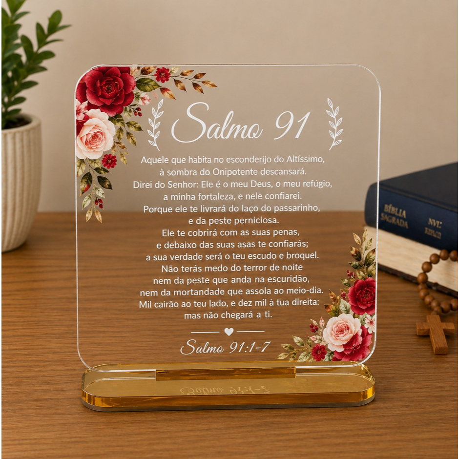 Placa de Mesa Salmo 91  Decorativa Oração Salmos 91 em Acrílico 15x15cm