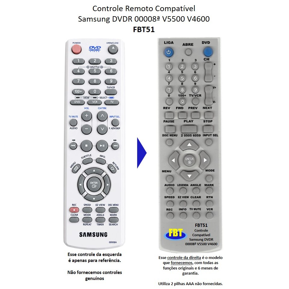 Controle Compatível Samsung Dvd Vcr Grav V5500 00008a Fbt51