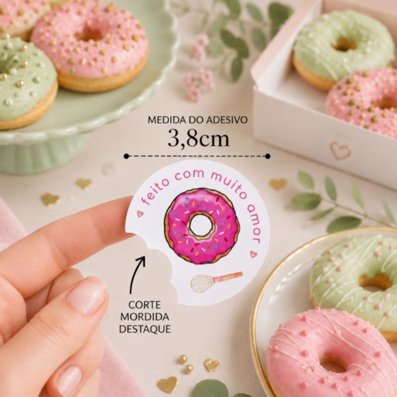 200/520 Adesivos, Donuts, 3,8cm, corte especial mordida, donuts, confeitaria, mini donuts, cake donuts