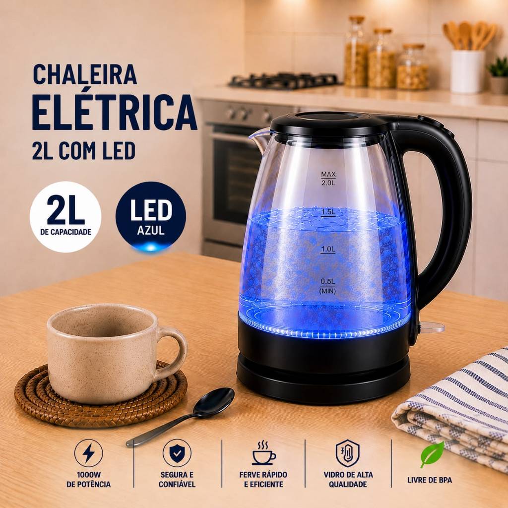 Chaleira Elétrica 2L Vidro LED Azul 110/127V ou 220V Jarra com Desligamento Automático Ferve Rápido