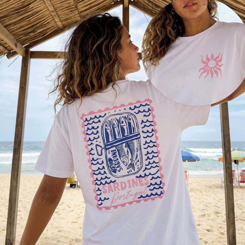 Camisa Camiseta Sardines Portugal T-Shirt Feminina Estilo Modinha Casual 100% Algodão Premium