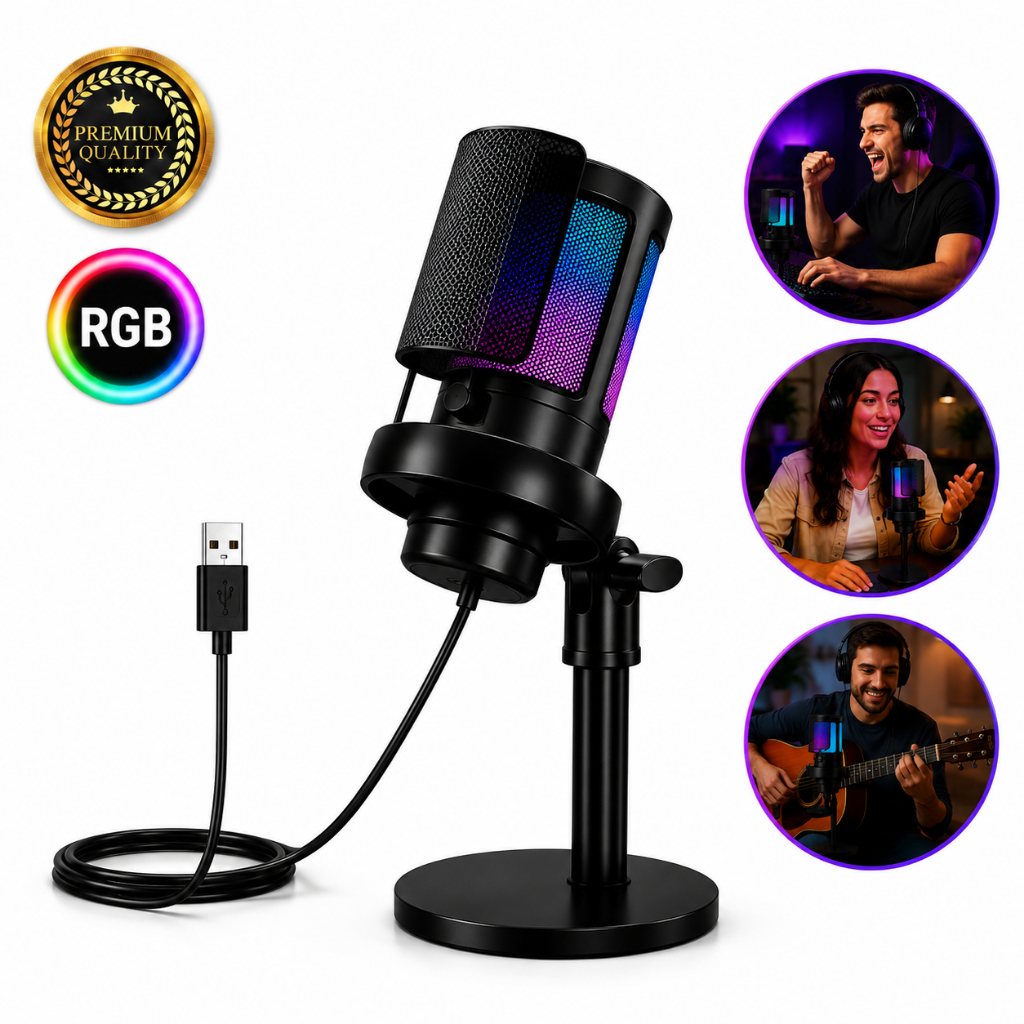 Microfone Gamer Mesa Condensador Me6s Profissional Rgb Usb transmissões ao vivo podcasts