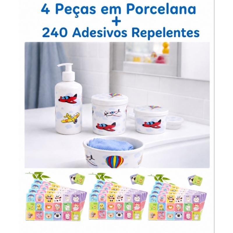 Kit Higiene porcelana Bebê Porta Sabonete + Pote Organizador menino + 01 Pacote com 240 Peças Repelente Adesivo