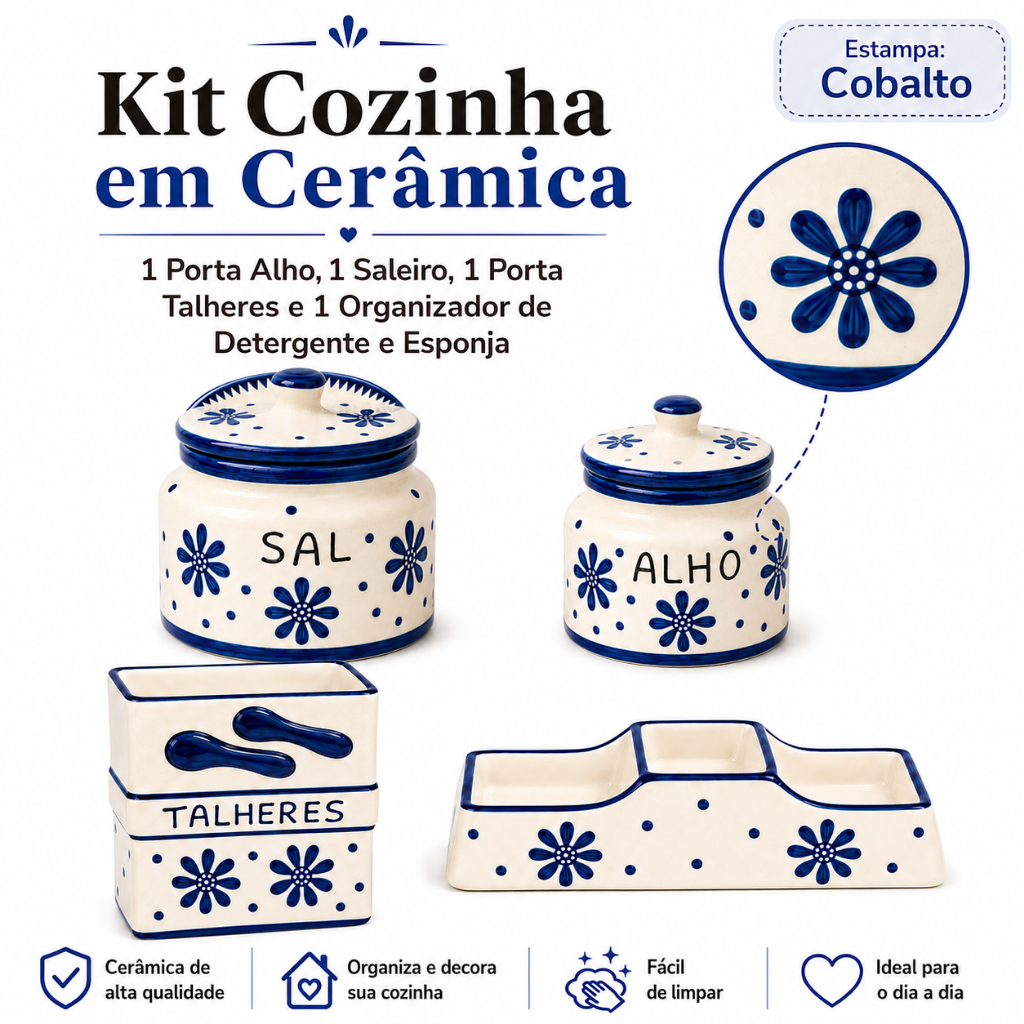 Kit 4 Cozinha Cerâmica Artesanal Porta Alho Saleiro Porta Talheres Organizador Pia Cozinha E Bancada