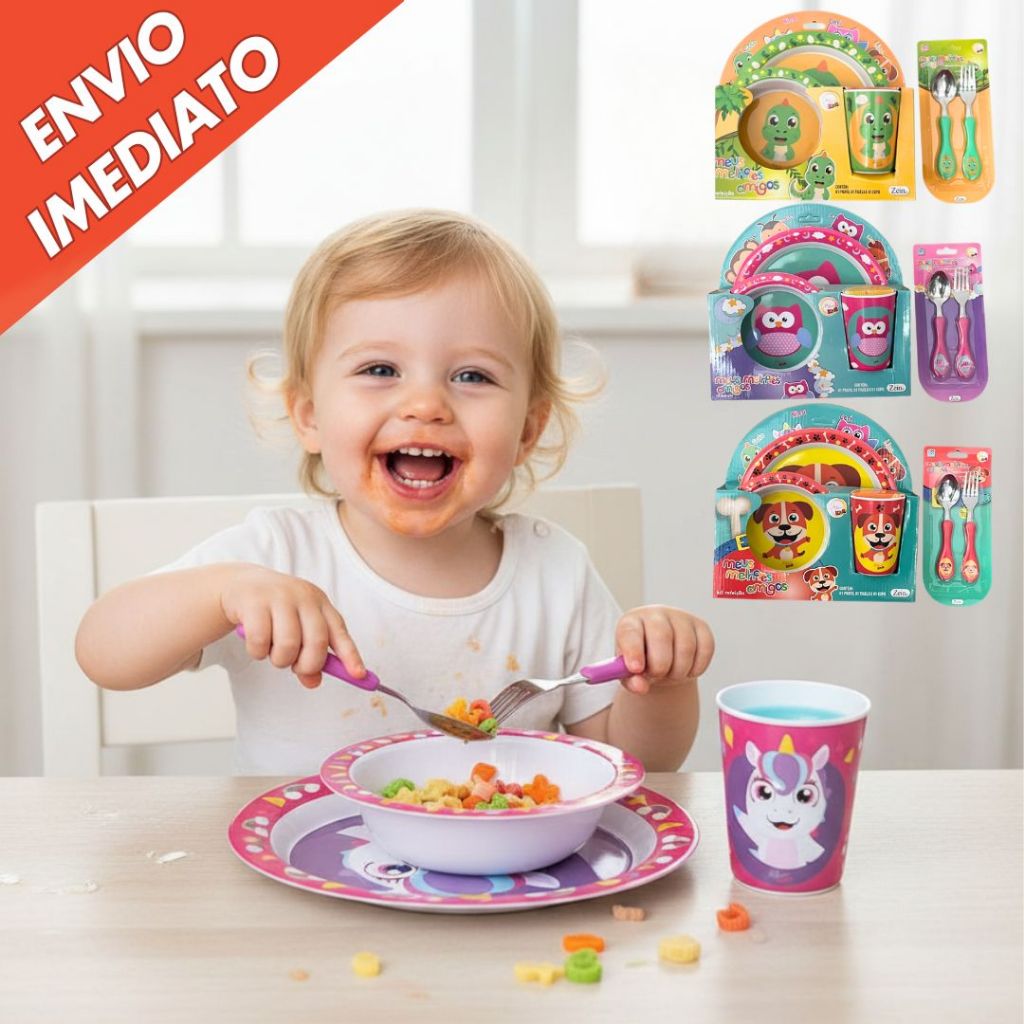 Conjunto Refeição Alimentação Infantil 3 ou 5 Peças Prato Tigela Copo Talheres para Alimentação Bebê