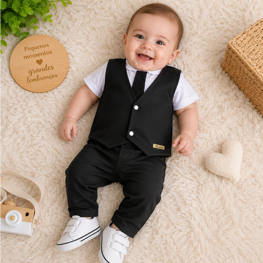 Conjunto Bebê Menino Social Gravata Colete e Calça Algodão Roupa para Mesversário 3 a 6 Meses