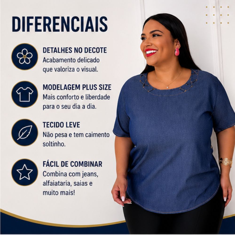 Detalhes do Blusa Feminina Plus Size Manga Jeans Tencel Com Trançado no Pescoço Cor Clara Escura P ao G2