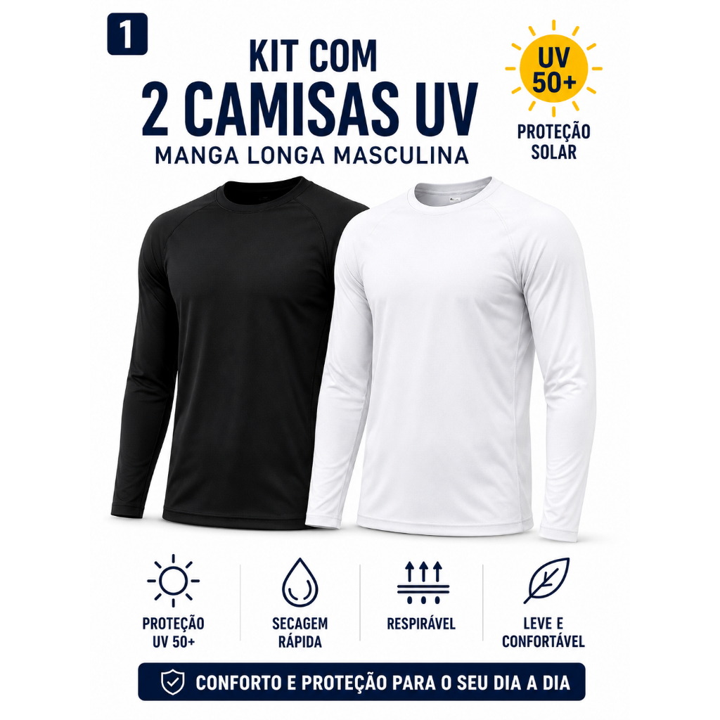 Kit 2 Camisas Proteção UV 50+ Masculina Térmica Segunda Pele Manga Longa Academia Praia Corrida