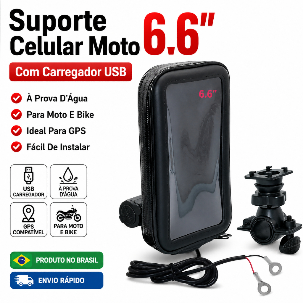 Suporte Celular Moto 6.6'' Impermeável À Prova D'Água Com Carregador USB Guidão Bike GPS
