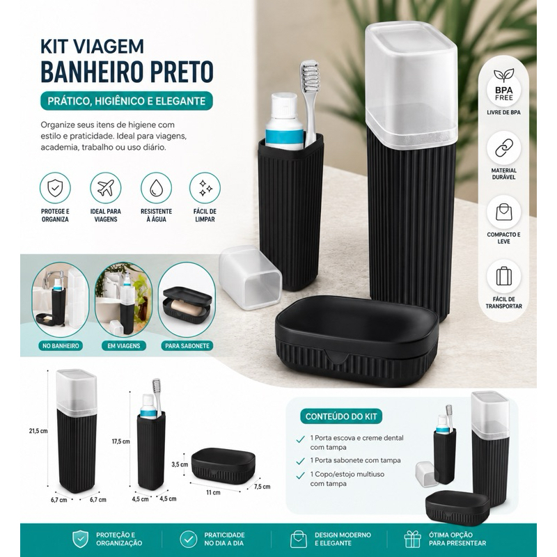 Kit Viagem Higiene Porta Escova com Tampa + Saboneteira Portátil para Mala Mochila