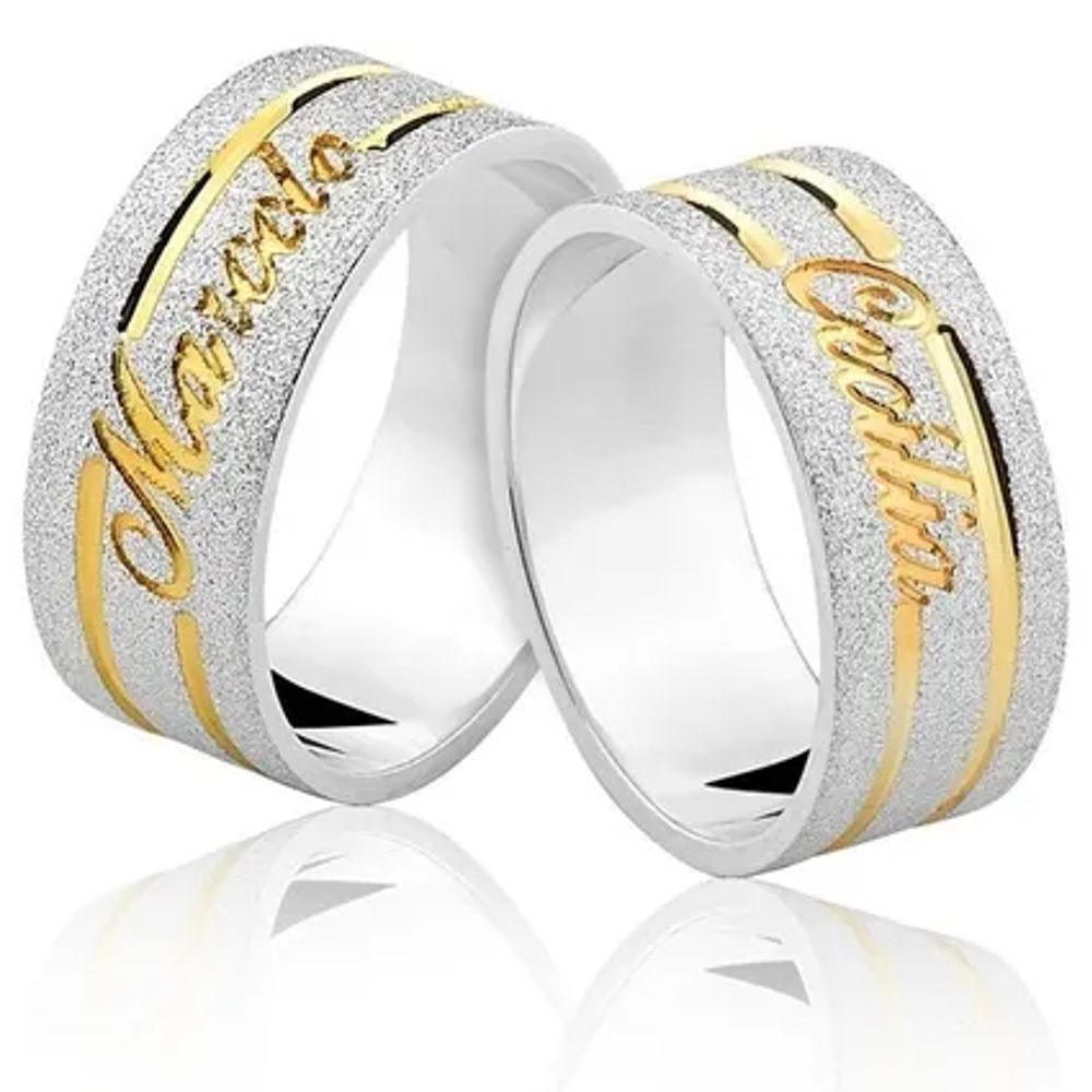 Par de Alianças Prata 950 Retas 2 Frisos e Nomes Folheados a Ouro 18k 10mm