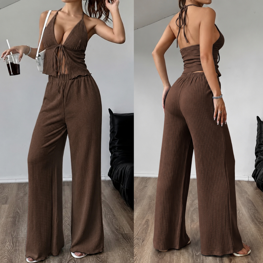 Conjunto Feminino Liz Calça Pantalona Inverno + Blusinha Top Amarração Look Versátil