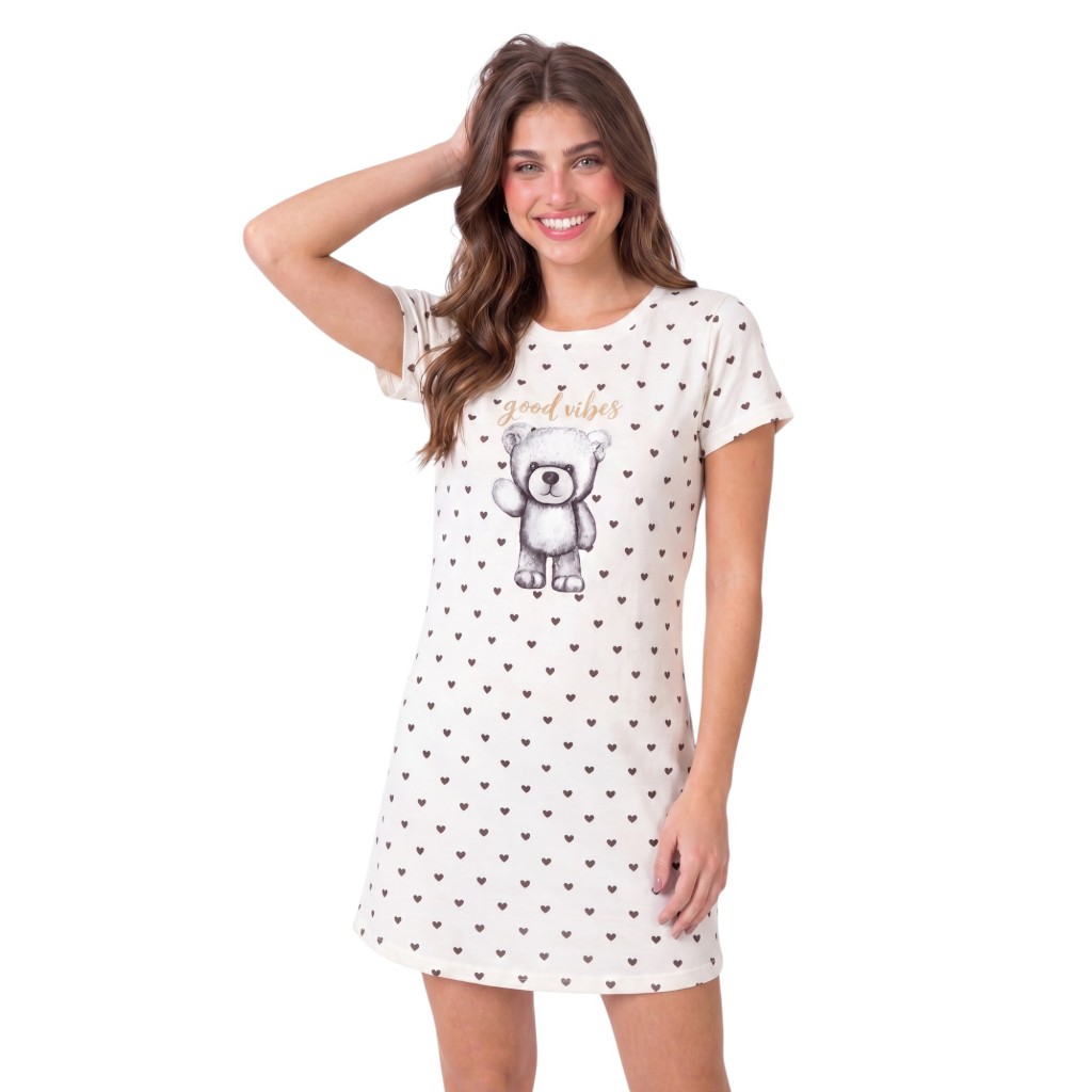 Camisola Feminina Camisão Suede Estampado Manga Curta Confortável Roupa de Dormir