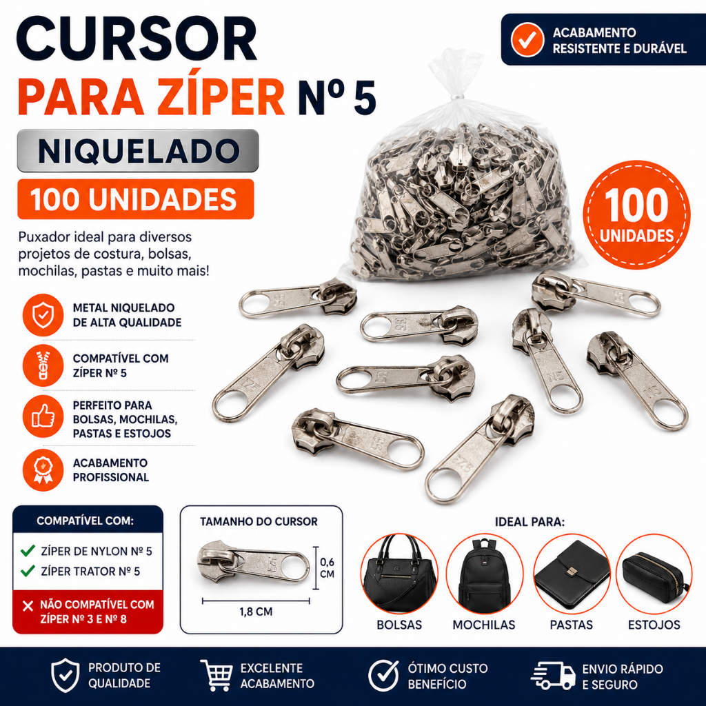 Cursor Zíper Nº5 Niquelado 100un Puxador para Bolsa Mochila Estojo Artesanato