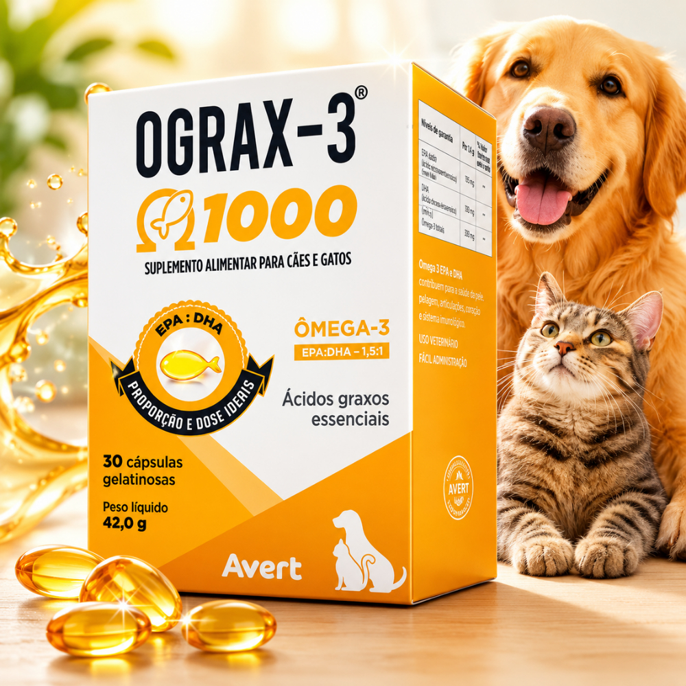 Ograx 3 1000mg Ômega 3 Cães Gatos 30 Cápsulas EPA DHA Pele Pelo Articulações Óleo De Peixe Avert