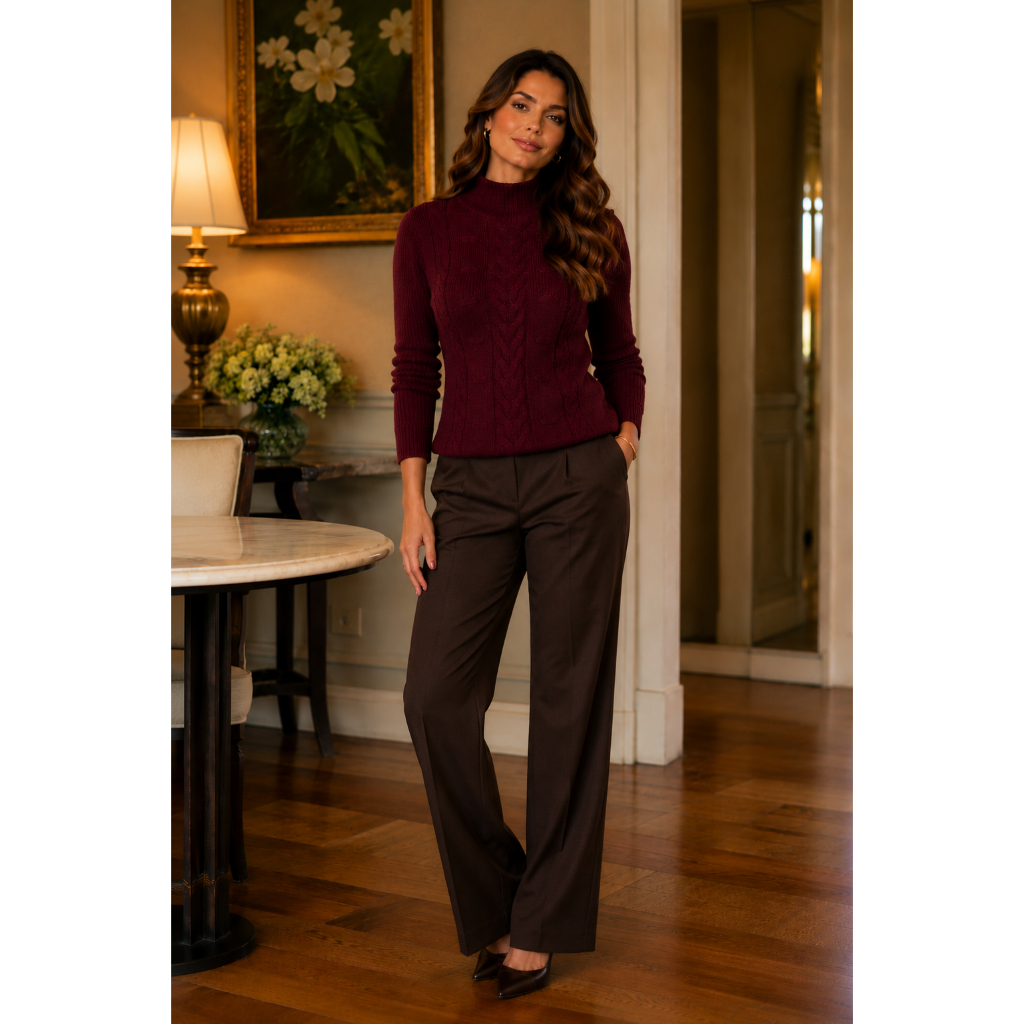 Blusa Feminina Tricô Trançada Suéter Pullover Manga Longa Elegante Luxo
