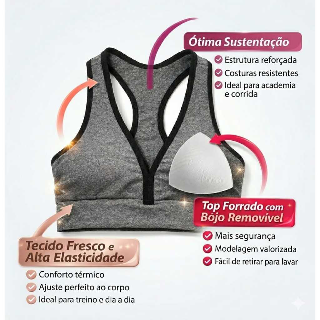 Kit 2 Tops Nadador Com Bojo Removivel Treino Academia Moda Fitness Conforto Sustentação — imagem 2 de 2