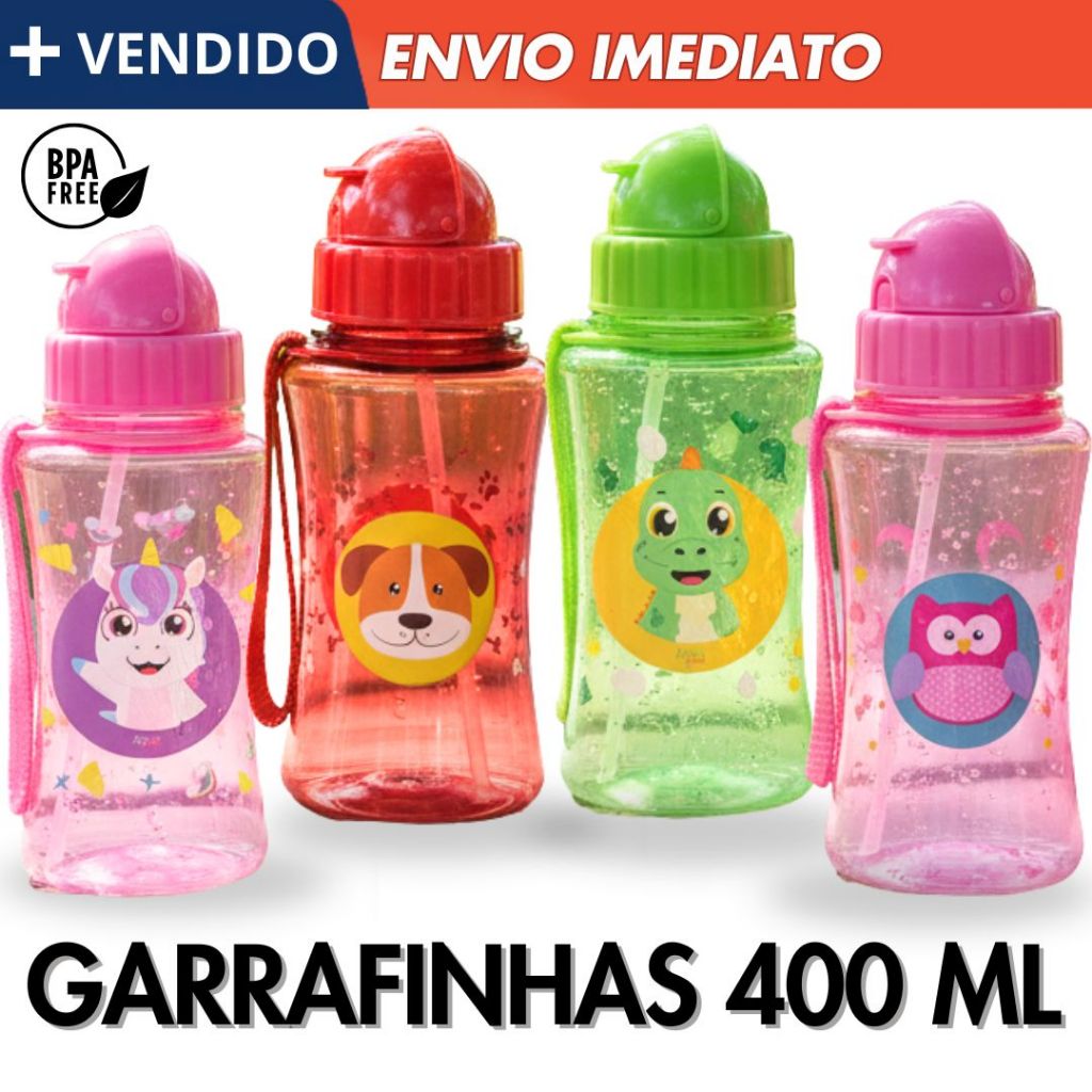 Garrafa Água Infantil 400ml com Canudo Silicone Squeeze Escolar Unicórnio Dinossauro Coruja Cachorro