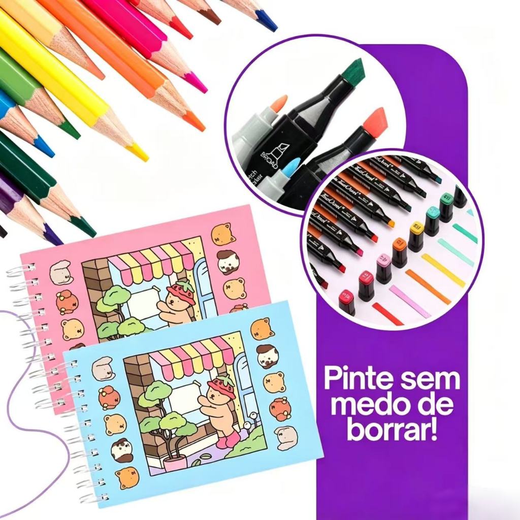 Kit Livro De Colorir Capa Dura 50 Páginas + 24-120 Cores Caneta Marcadora Com Ponta Dupla