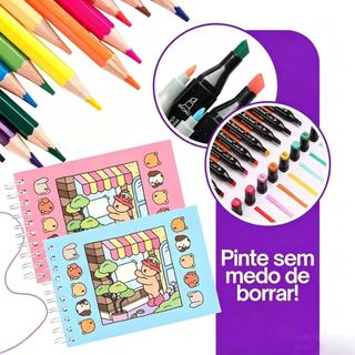 Kit Livro De Colorir Capa Dura 50 Páginas + 24-120 Cores Caneta Marcadora Com Ponta Dupla