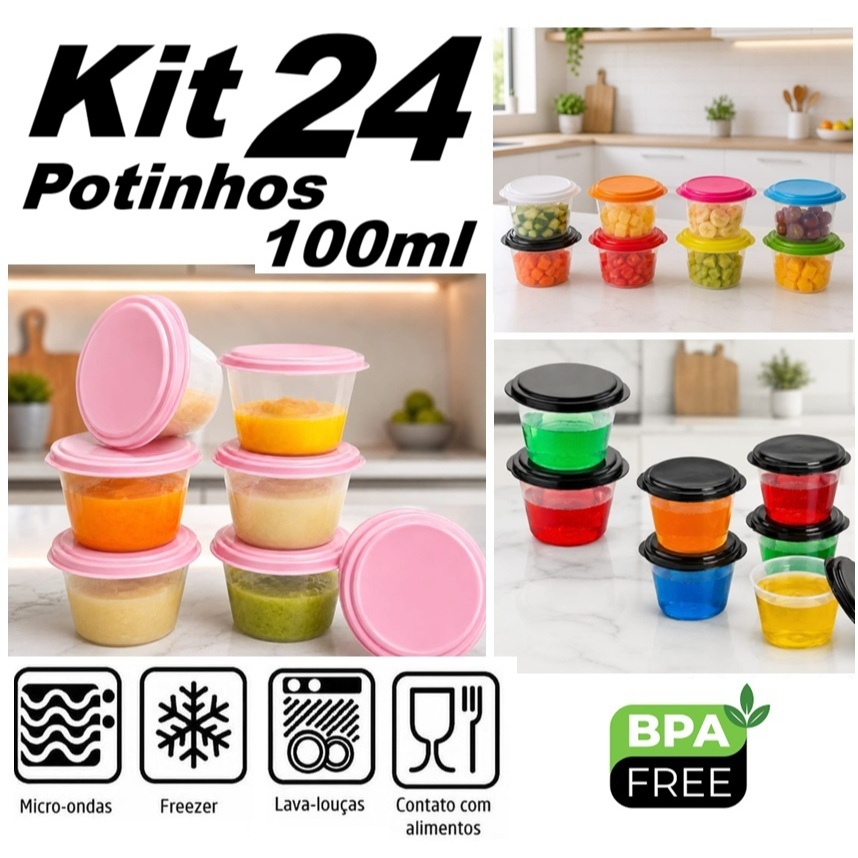 24 Potes Gelatina Papinha Dieta Sobremesa 100 ml - BPA Free