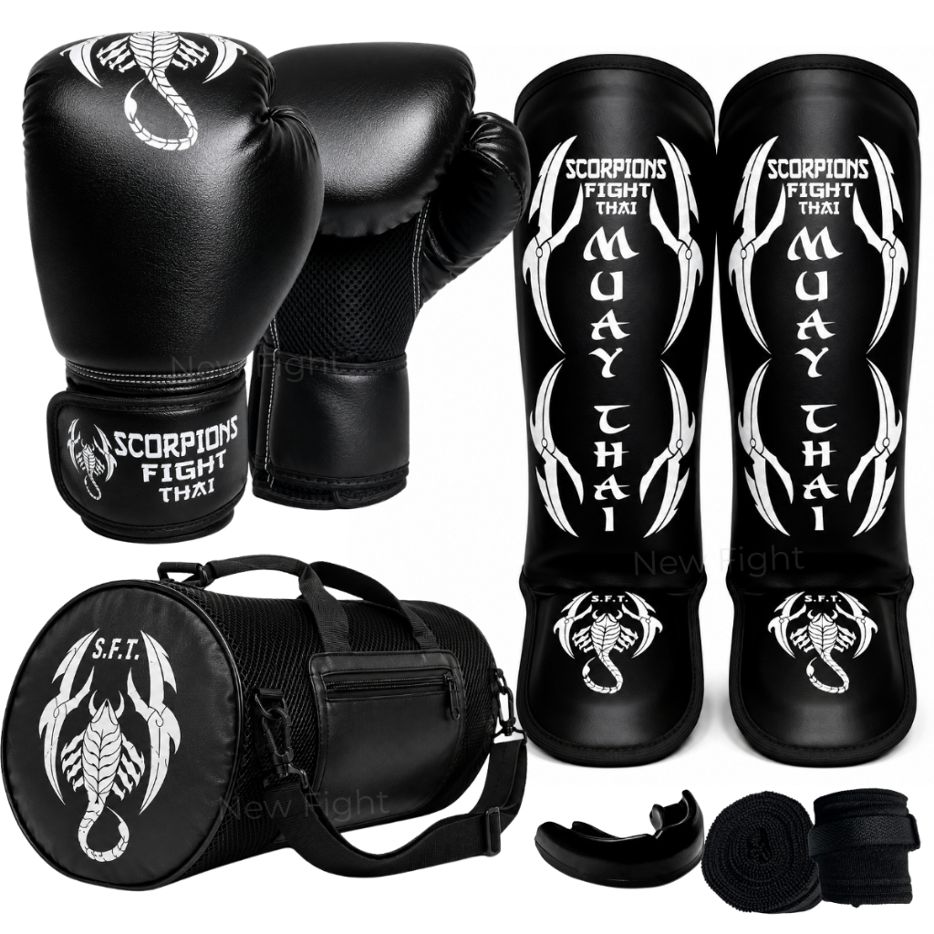 Kit Luva Muay Thai Boxe kickboxing + Bandagem + Bucal + Bolsa + Caneleira
