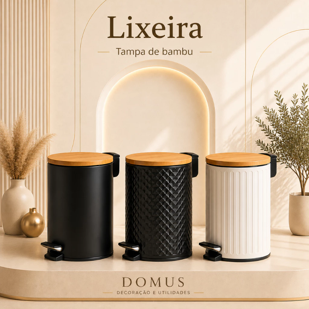 Lixeira Premium 5L Pedal Metálico Tampa de Bambu Soft Close Cesto Removível Banheiro Cozinha — imagem 1